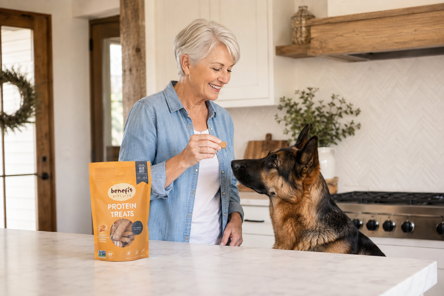 German shepherd in a kitchen beside a bag of Benefit peanut butter treats