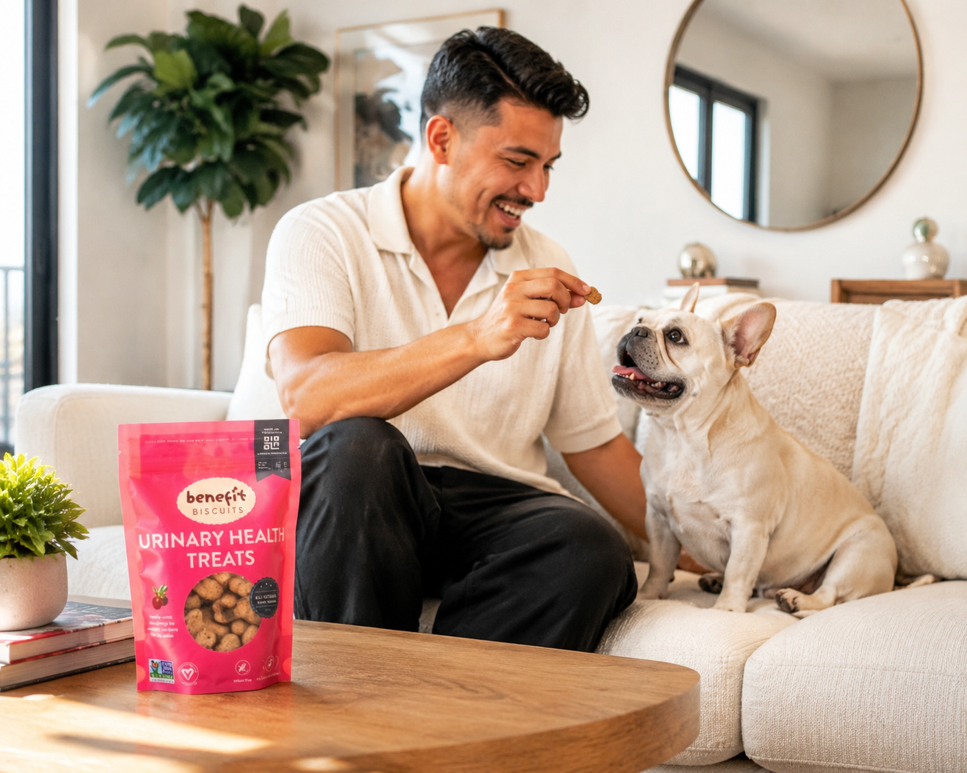 French bulldog on a couch beside a bag of Benefit cranberry treats